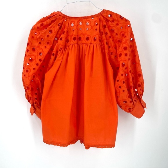 Anthropologie Chantal Eyelet Orange Puff Sleeve Button Down Crochet Tie Blouse - Picture 7 of 9